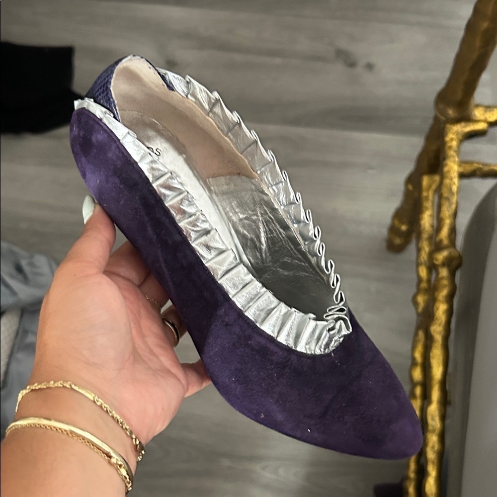 Vintage Regal Victorian Leather Metalic Trim Purple Heels with Silver 37